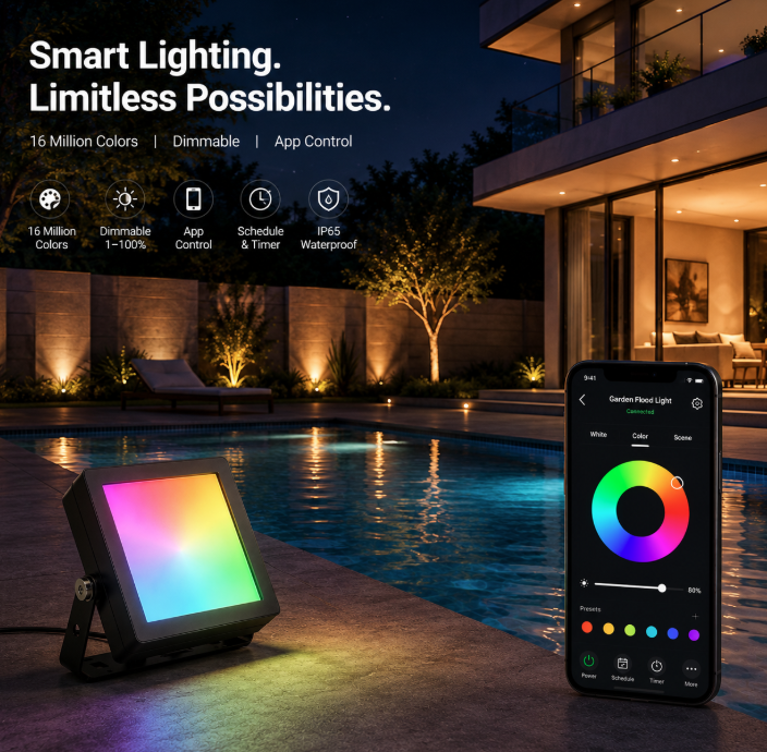 Smart RGB Outdoor Landscape Flood Light with App Control & IP66 Waterproof
